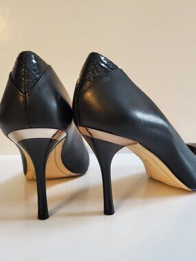 SAM EDELMAN CAMDYN Black Heels Rounded Toe | Silver Tone Ring & Snakeskin Accent